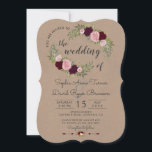 Rustic Marsala Floral Craft Paper Wedding Kaart<br><div class="desc">Romantic,  Rustic Marsala Floral Craft Paper-kaartontwerp. Uniek kaartontwerp met waterverf marsala floral bouquets,  hartpijlen met bloem als verdeler,  op een ambachtelijk papier als achtergrond. Het gebruik past hulpmiddel aan om uw info toe te voegen. Ga voor overeenkomende objecten naar het Collectie Rustic Marsala Floral Craft Paper Wedding.</div>