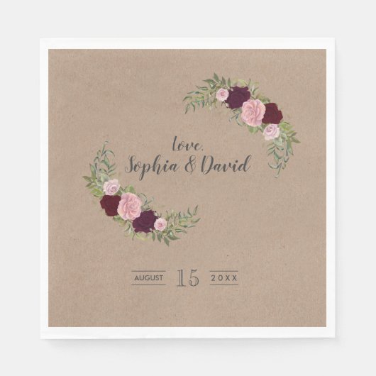 Rustic Marsala Floral Craft Paper Wedding Servetten (Voorkant)