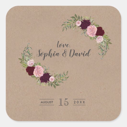 Rustic Marsala Floral Craft Paper Wedding Vierkante Sticker (Voorkant)
