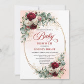 Rustic Marsala Floral Gold Baby Shower Invitation Kaart (Voorkant)