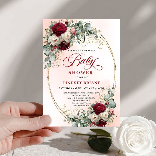 Rustic Marsala Floral Gold Baby Shower Invitation Kaart
