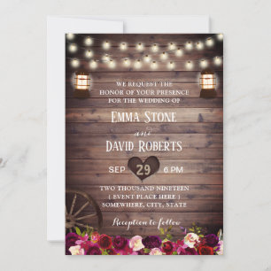 Rustic Marsala Floral  Lantern Fall Wedding Kaart