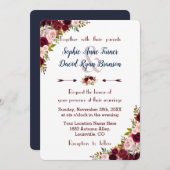Rustic Marsala Floral Navy Blue Wedding Invite Kaart (Voorkant / Achterkant)