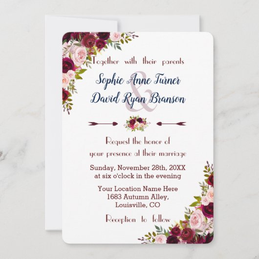 Rustic Marsala Floral Navy Blue Wedding Invite Kaart (Voorkant)