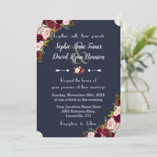 Rustic Marsala Floral Navy Blue Wedding Kaart (Staand voorkant)