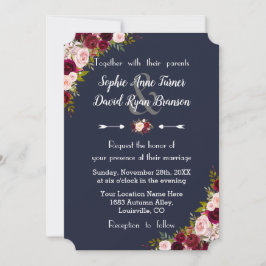 Rustic Marsala Floral Navy Blue Wedding Kaart