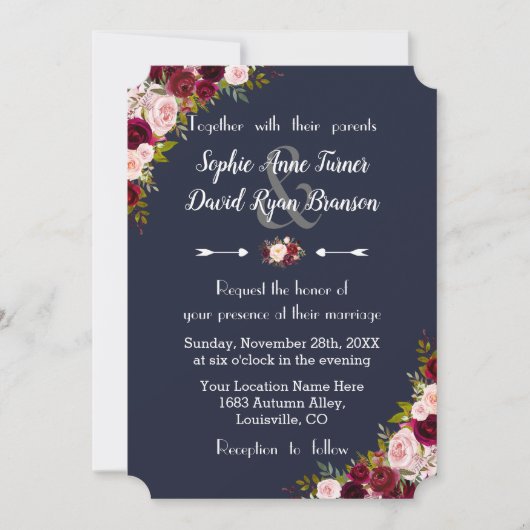 Rustic Marsala Floral Navy Blue Wedding Kaart (Voorkant)