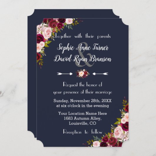 Rustic Marsala Floral Navy Blue Wedding Kaart (Voorkant / Achterkant)