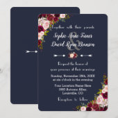 Rustic Marsala Floral Navy Blue Wedding Kaart (Voorkant / Achterkant)