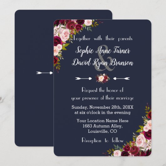 Rustic Marsala Floral Navy Blue Wedding Kaart (Voorkant / Achterkant)