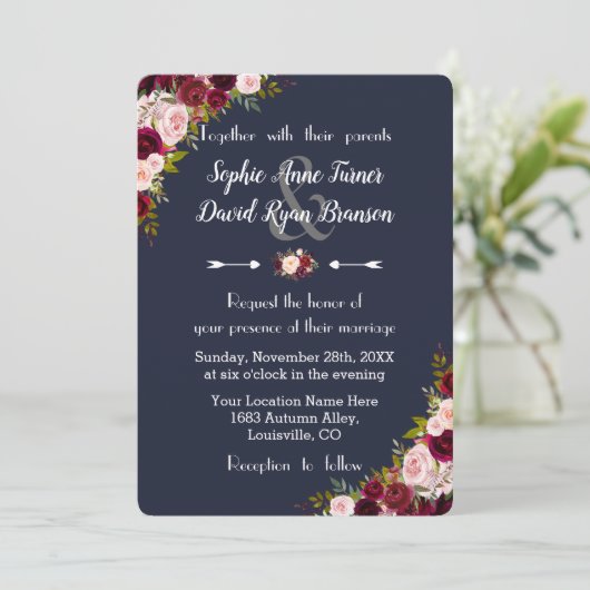 Rustic Marsala Floral Navy Blue Wedding Kaart (Staand voorkant)