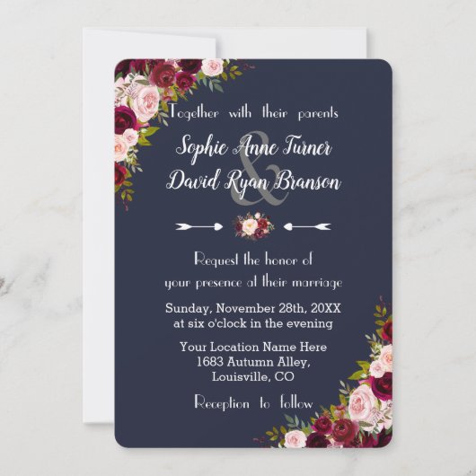 Rustic Marsala Floral Navy Blue Wedding Kaart (Voorkant)