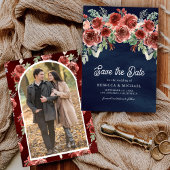 Rustic Marsala Floral Photo Navy Blue Wedding Save The Date