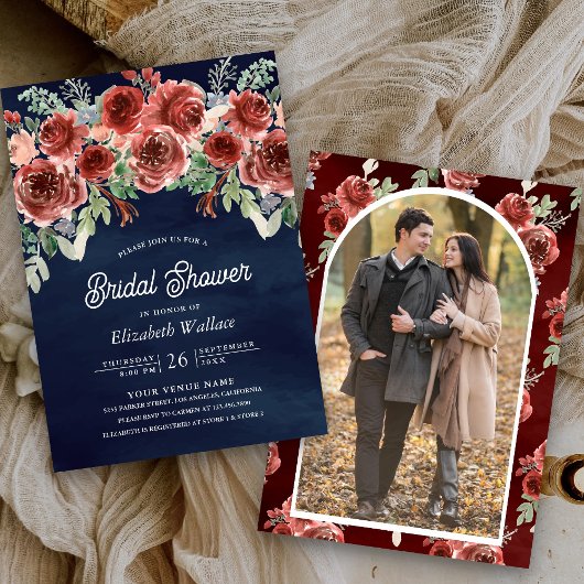 Rustic Marsala Floral Photo Navy Vrijgezellenfeest Kaart