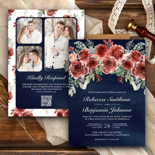 Rustic Marsala Floral Photo QR Code Navy Weddensch Kaart