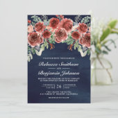 Rustic Marsala Floral Photo QR Code Navy Weddensch Kaart (Staand voorkant)