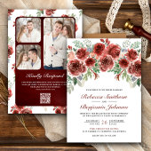 Rustic Marsala Floral Photo QR Code Weddenschap Kaart