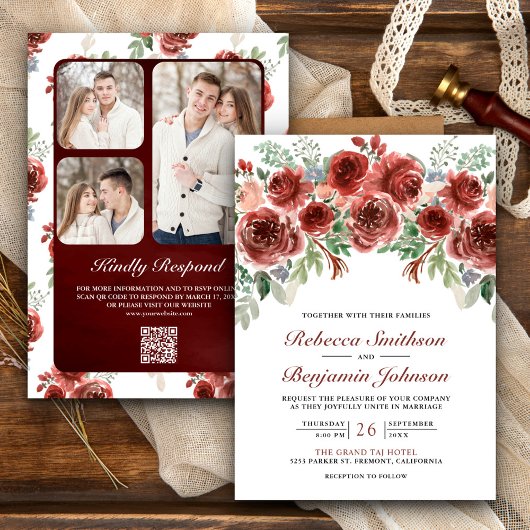 Rustic Marsala Floral Photo QR Code Weddenschap Kaart