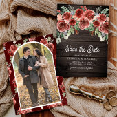 Rustic Marsala Floral Photo Wood Wedding Save The Date
