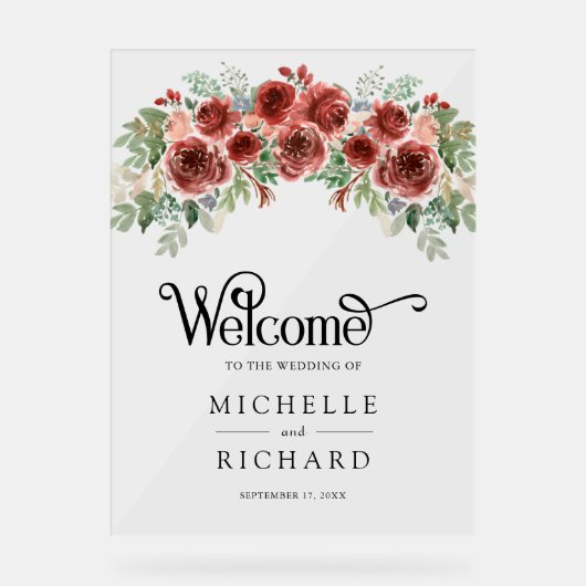 Rustic Marsala Floral Wedding Welcome Acryl Bord (Voorkant)