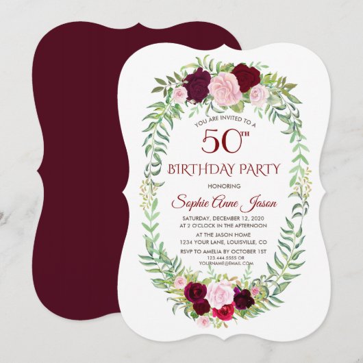 Rustic Marsala Floral Wreath 50th Birthday Kaart (Voorkant / Achterkant)
