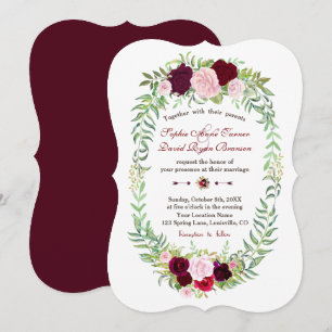 Rustic Marsala Floral Wreath Burgundy Wedding Kaart