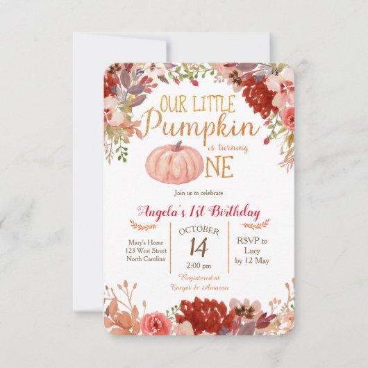 Rustic Marsala Pumpkin eerste verjaardag uitnodigi Kaart (Voorkant)