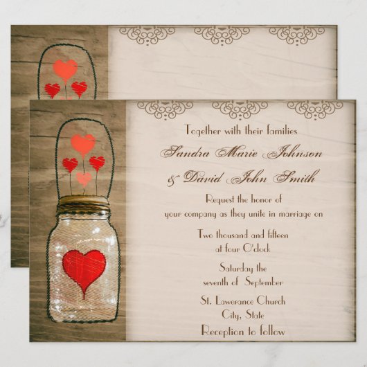 Rustic Mason Jar and Hearts Wedding Invitation Kaart (Voorkant / Achterkant)