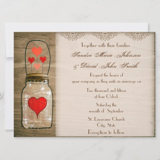 Rustic Mason Jar and Hearts Wedding Invitation Kaart (Voorkant)