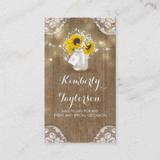 Rustic Mason Jar Baby's Breath and Sunflower Visitekaartje (Voorkant)