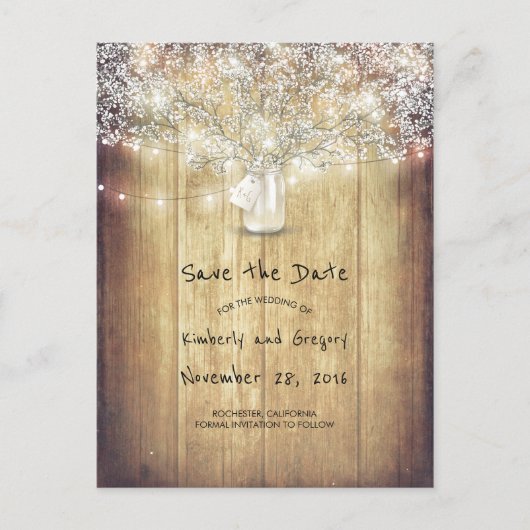 Rustic Mason Jar Baby's Breath Barn Save the Date Aankondigingskaart (Voorkant)