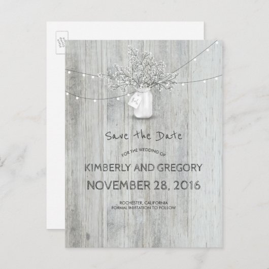 Rustic Mason Jar Baby's Breath Save the Date Aankondigingskaart (Voorkant / Achterkant)