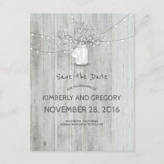 Rustic Mason Jar Baby's Breath Save the Date Aankondigingskaart (Voorkant)