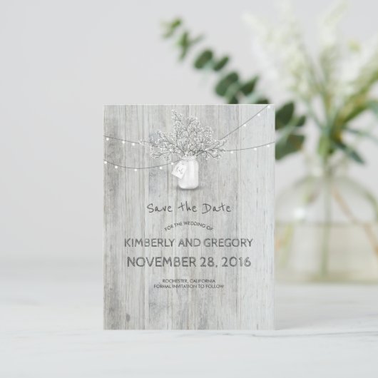 Rustic Mason Jar Baby's Breath Save the Date Aankondigingskaart (Staand voorkant)