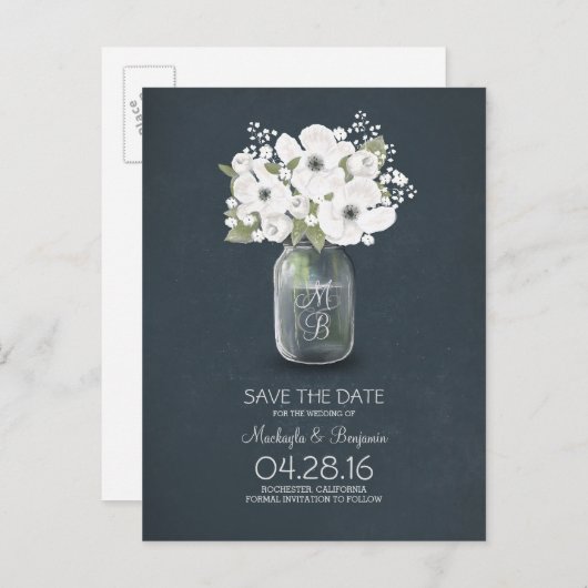 Rustic Mason Jar Baby's Breath Save the Date Aankondigingskaart (Voorkant / Achterkant)