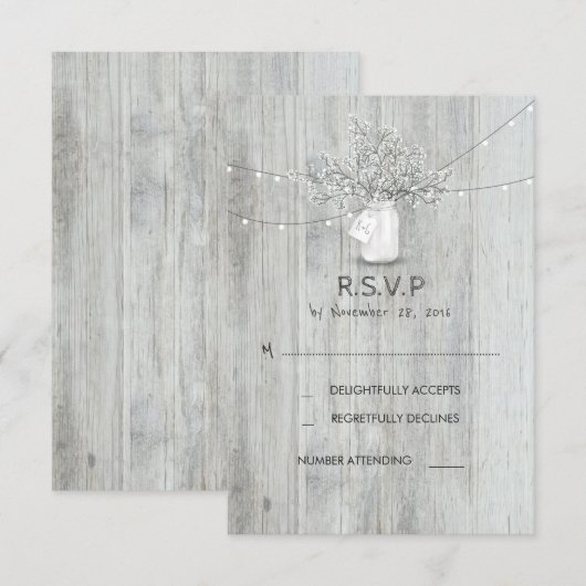 Rustic Mason Jar Baby's Breath Wedding RSVP Kaarte Kaartje (Voorkant / Achterkant)