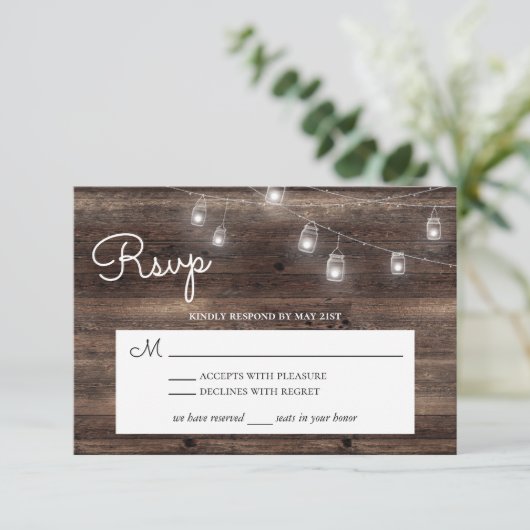 Rustic Mason Jar Barn Wood RSVP Kaartje (Staand voorkant)