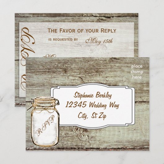 Rustic Mason Jar Barn Wood Wedding RSVP Briefkaart (Voorkant / Achterkant)