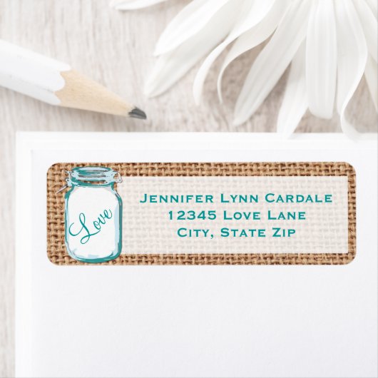 Rustic Mason Jar Blauwgroen Burlap Weddenschap Lab Etiket (Insitu)