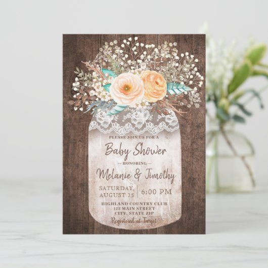 Rustic Mason Jar Boho Baby Shower Uitnodigingen (Staand voorkant)