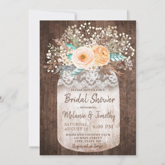 Rustic Mason Jar Boho Bridal Shower Invitations Kaart (Voorkant)