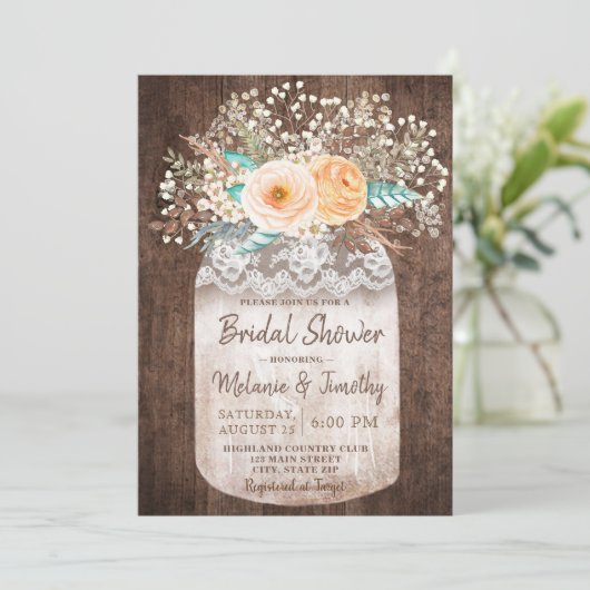 Rustic Mason Jar Boho Bridal Shower Invitations Kaart (Staand voorkant)