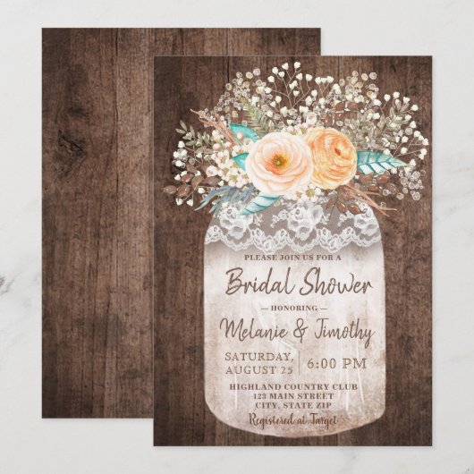 Rustic Mason Jar Boho Bridal Shower Invitations Kaart (Voorkant / Achterkant)