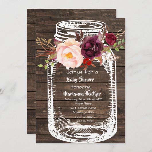 Rustic Mason Jar Boho Floral Marsala Baby shower I Kaart (Voorkant / Achterkant)