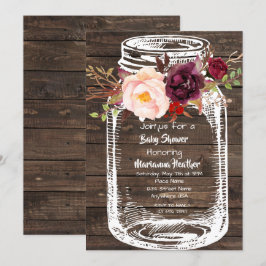Rustic Mason Jar Boho Floral Marsala Baby shower I Kaart