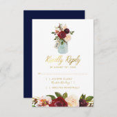 Rustic Mason Jar Bourgondië Navy Gold Wedding RSVP (Voorkant / Achterkant)