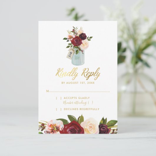 Rustic Mason Jar Bourgondië Navy Gold Wedding RSVP Kaartje (Staand voorkant)