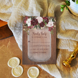 Rustic Mason Jar Burgundy Blush Floral Wedding RSVP Kaartje
