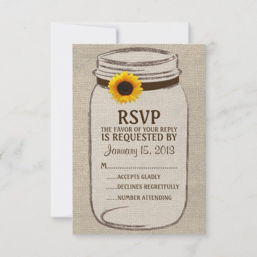 Rustic Mason Jar & Burlap and Sunflower RSVP-kaart RSVP Kaartje (Voorkant)