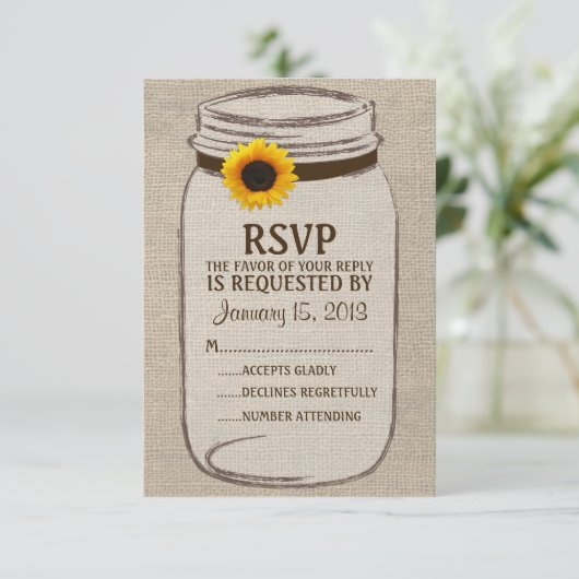 Rustic Mason Jar & Burlap and Sunflower RSVP-kaart RSVP Kaartje (Staand voorkant)